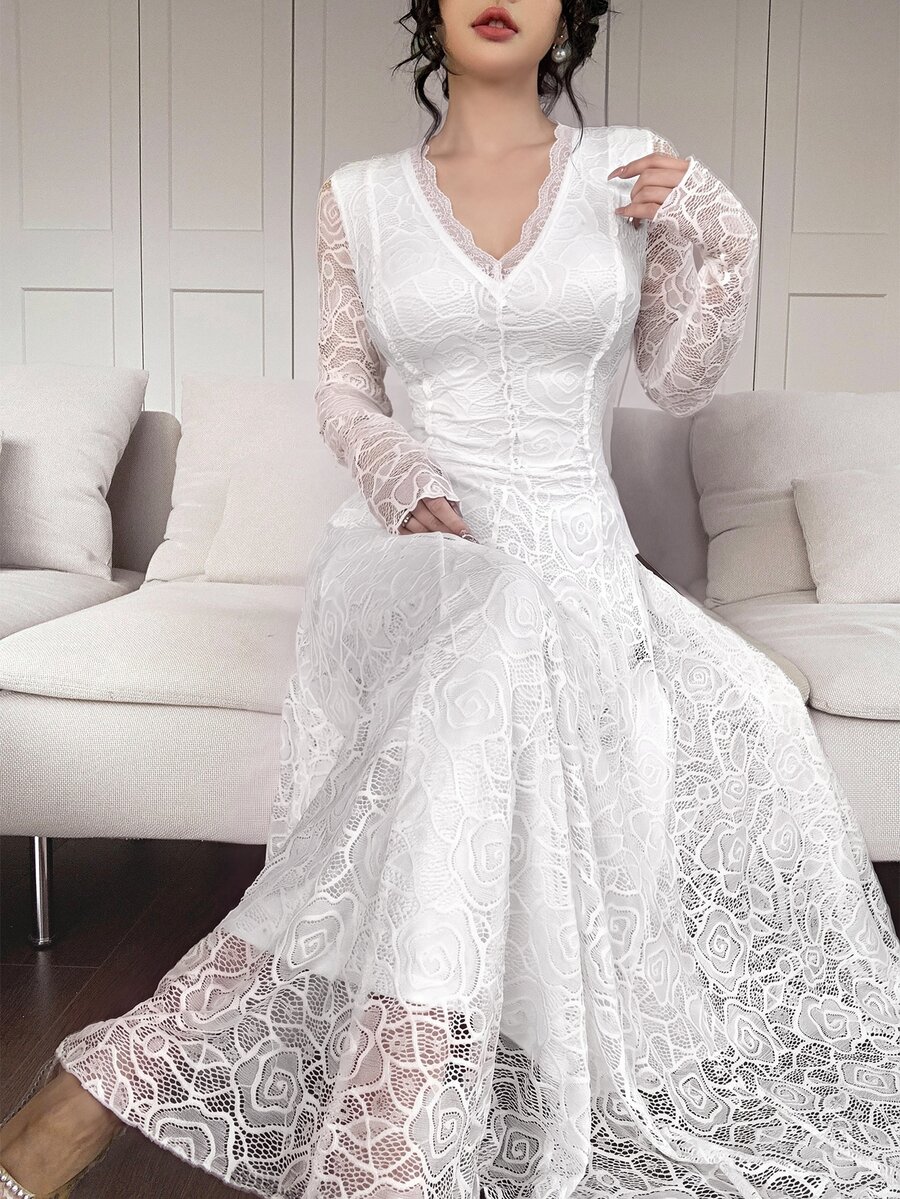 Feyla Vestido largo elegante y romántico con cuello en V, encaje floral blanco para mujer, para boda, cita, cena formal, madre de la novia, boda de otoño