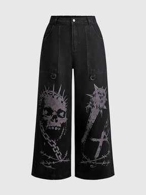 Grunge Punk Pantalones vaqueros de talla grande estilo punk oscuro con estampado de calavera, pierna ancha recta, streetwear holgado y largo