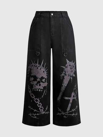 Grunge Punk Dark Punk Style Plus Size Denim Jeans Skull Print Wide Leg Straight Streetwear Loose Long Pants