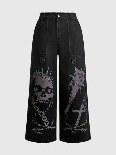 Grunge Punk Jeans in denim stile dark punk taglie forti con stampa teschio, gamba ampia e dritta, streetwear, pantaloni lunghi larghi