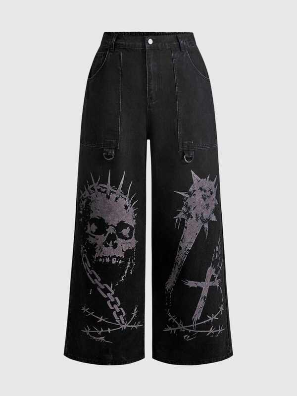 ROMWE Grunge Punk Dark Punk Style Plus Size Denim Jeans Skull Print Wide Leg Straight Streetwear Loose Long Pants