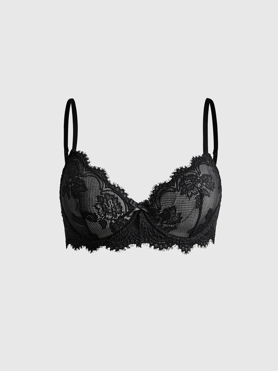 ROMWE Plus Size Dark Gothic Eyelash Floral Lace Underwire Triangle Cup Bra - Grey - View 1
