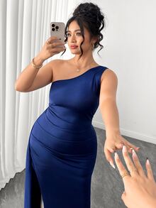 Elenzga Plus Size Women 2026 Summer New Luxury Satin One Shoulder Ruched Waist High Slit Sexy Long Evening Gown - Blue - View 4
