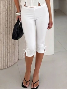 Aloruh Women's Elegant Mid-Waist Slim Fit Mid-Length Pants - White - View 1