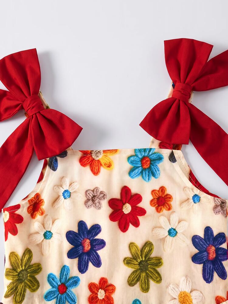 Young Girl 3D Jacquard Spaghetti Strap Dress, Textured Jacquard Fabric, Square Neck Design With Bow Decor On Shoulders, Cinched Waist And Full Skirt, Soft Yet Structured, Suitable For Multiple Seasons, Exquisite Jacquard For Daily Wear And Party Occasions, Loose Fit, Easy To Style And Care For, Creates A Gentle And Sweet Little Princess Look, Pale Yellow - Red - View 4