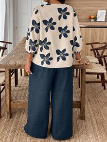 Weeklong Plus Size Casual Printed Top And Wide Leg Pants 2 Pieces Set Fall - Multicolor - View 2