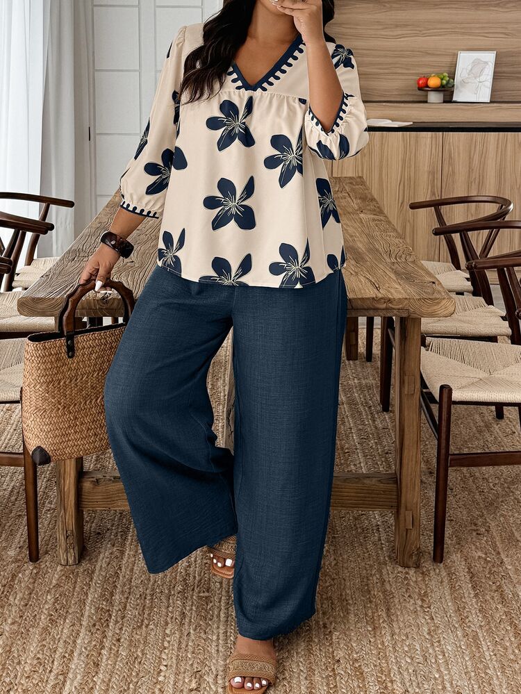 Weeklong Plus Size Casual Printed Top And Wide Leg Pants 2 Pieces Set Fall - Multicolor - View 7