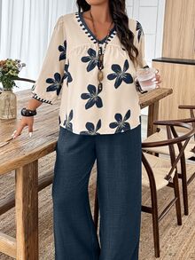 Weeklong Plus Size Casual Printed Top And Wide Leg Pants 2 Pieces Set Fall - Multicolor - View 6