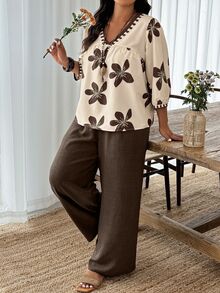 Weeklong Plus Size Floral Print V-Neck Long Sleeve Top And Solid Color Wide Leg Pants 2 Pieces Set Fall/Autumn - Multicolor - View 4
