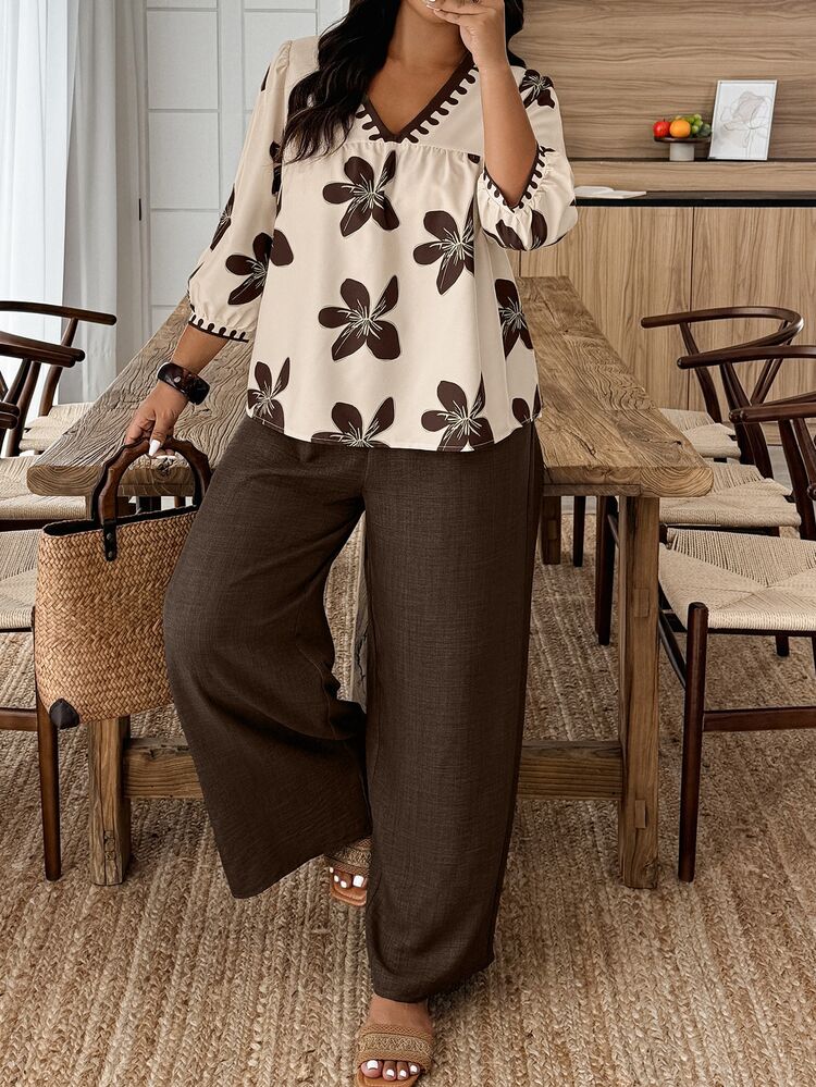 Weeklong Plus Size Floral Print V-Neck Long Sleeve Top And Solid Color Wide Leg Pants 2 Pieces Set Fall/Autumn - Multicolor - View 8