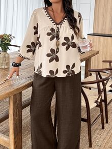 Weeklong Plus Size Floral Print V-Neck Long Sleeve Top And Solid Color Wide Leg Pants 2 Pieces Set Fall/Autumn - Multicolor - View 5