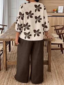Weeklong Plus Size Floral Print V-Neck Long Sleeve Top And Solid Color Wide Leg Pants 2 Pieces Set Fall/Autumn - Multicolor - View 2