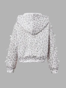 SHEIN Reset Phase 青少年女孩長袖抓絨秋季休閒西式可愛牛仔女孩純色蝴蝶結裝飾連帽拉鍊開襟外套校園冬季白色 - 灰色 - 查看 3