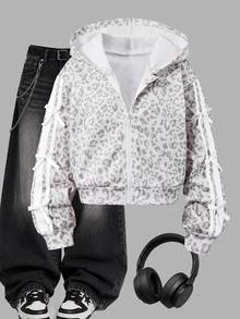 SHEIN Reset Phase 青少年女孩長袖抓絨秋季休閒西式可愛牛仔女孩純色蝴蝶結裝飾連帽拉鍊開襟外套校園冬季白色 - 灰色 - 查看 7