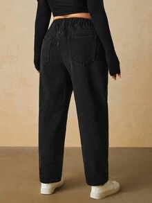 SHEIN PETITE CURVE 大尺碼女款直筒休閒百搭牛仔褲，附口袋，秋冬 Y2K 百搭款，適合萬聖節、節慶、校園，PETITE CURVE 刷毛毛絨款 - 黑色 - 查看 2