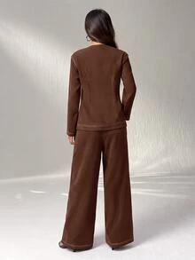 SHEIN PETITE 前開襟長袖襯衫與休閒長褲套裝 - 摩卡棕 - 查看 2