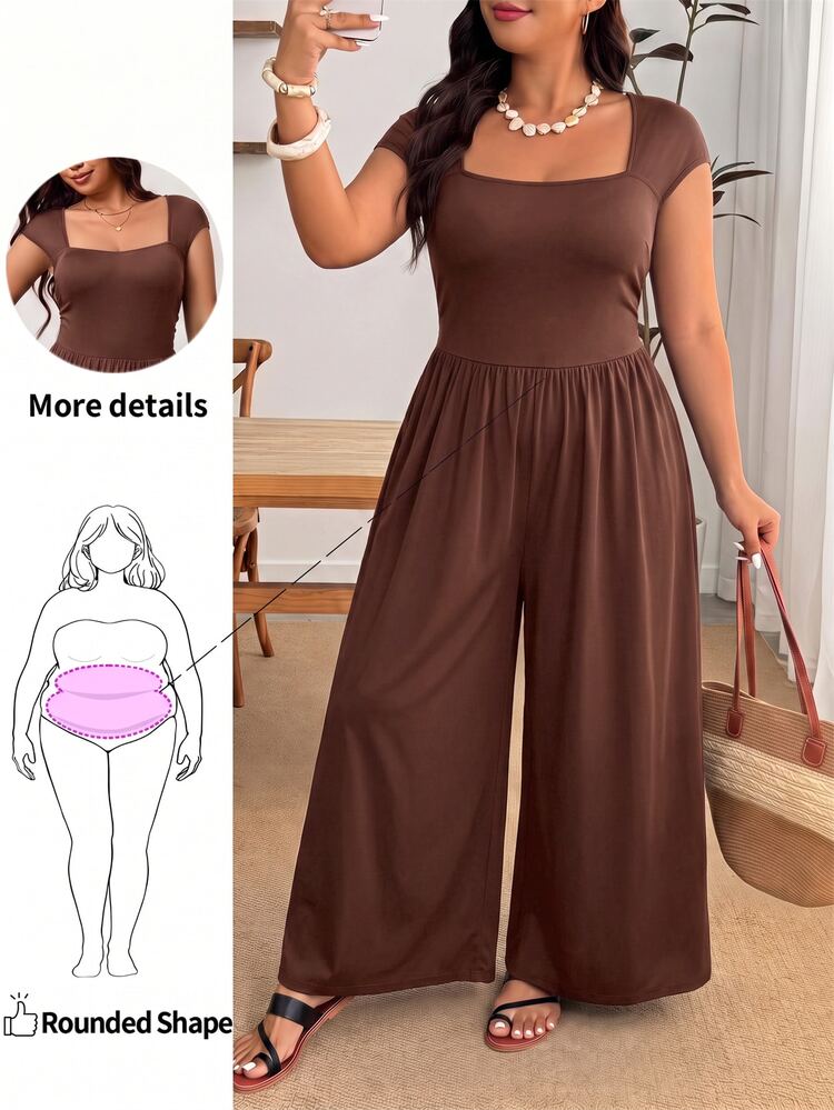 Enliva Plus Size New Sexy Black Slim Fit High Waist Short Sleeve Jumpsuit, Casual Slimming, Spring/Summer - Brown - View 1
