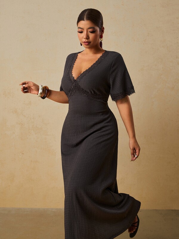 Travachic Plus Size Women's Contrast Lace V-Neck Short Sleeve Elegant 1950s Vintage Dress Formal Birthday Chocolate Brown Summer