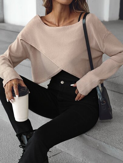 SHEIN LUNE Women's Sweet Casual Fashion Cross-Cut Cropped Long Sleeve Sweater Preppy Style Brunch Apricot Autumn