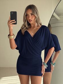 Aloruh Women's Yellow Cowl Neck A-Line Backless Short Dress With Bow Tie, Suitable For Vacation, Date, Commute, Daily Wear - Navy Blue - View 8