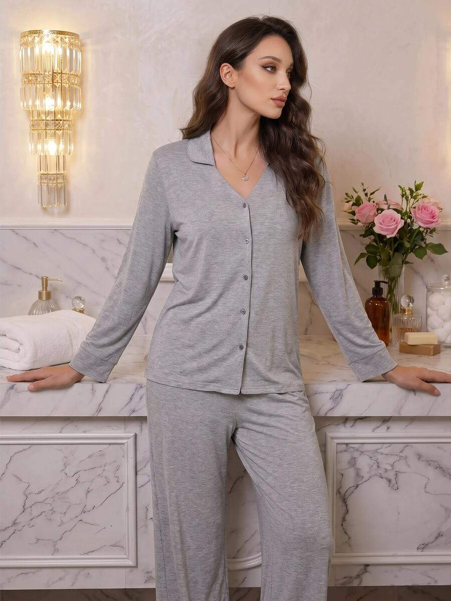 Modelyn 休闲女式灰色长袖衬衫和长裤家居服套装,假日舒适装扮,秋冬季服装 - 灰色 - 查看 1
