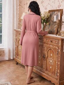 Modelyn Women's Casual Ribbed Contrast Color Robe, Loungewear, Cozy Outfit, Fall & Winter - Dusty Pink - View 2