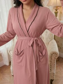 Modelyn Women's Casual Ribbed Contrast Color Robe, Loungewear, Cozy Outfit, Fall & Winter - Dusty Pink - View 6