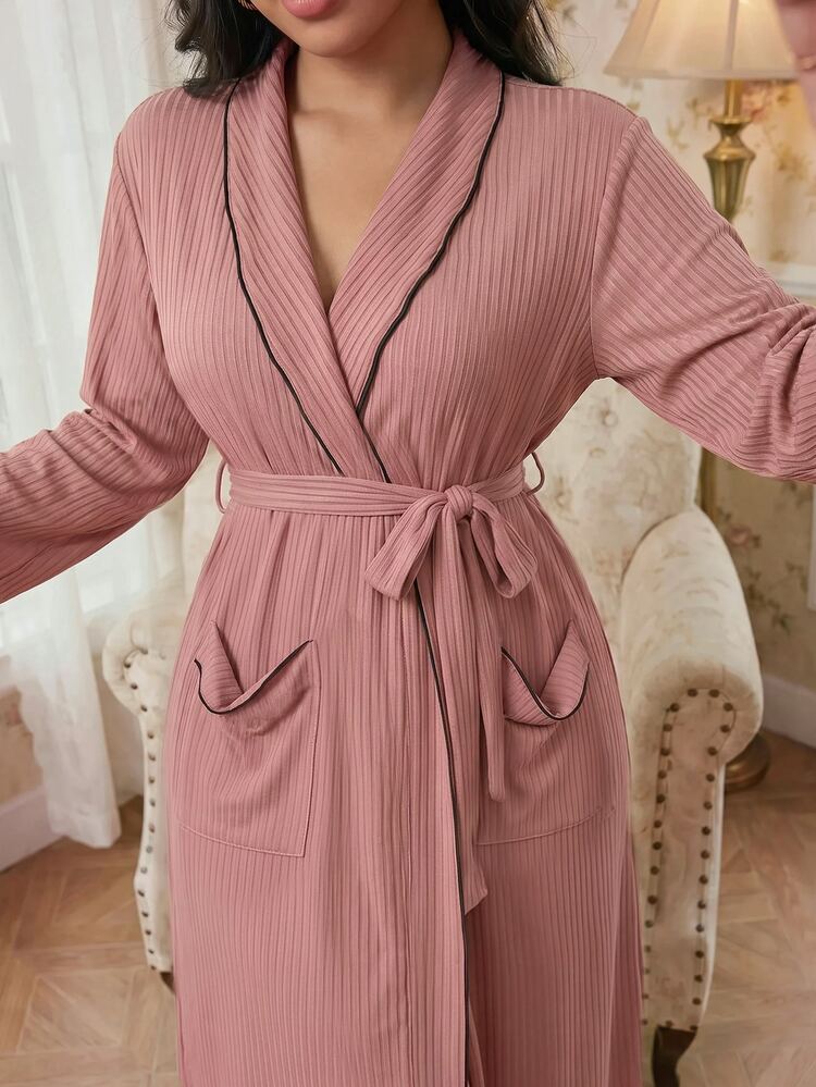 Modelyn 女士休闲罗纹撞色睡袍，家居服，舒适保暖，秋冬款 - 藕粉色 - 查看 6