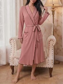 Modelyn Women's Casual Ribbed Contrast Color Robe, Loungewear, Cozy Outfit, Fall & Winter - Dusty Pink - View 8