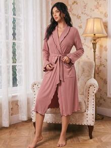 Modelyn Women's Casual Ribbed Contrast Color Robe, Loungewear, Cozy Outfit, Fall & Winter - Dusty Pink - View 5