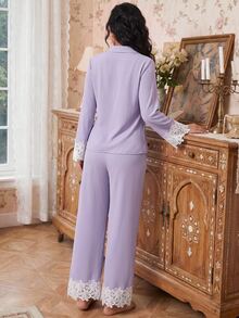 Modelyn Southern France Mature Elegant Bubble Wrinkle Cardigan Women Pajama Set - Purple - View 5