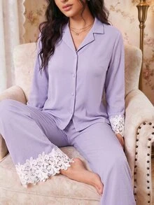 Modelyn Southern France Mature Elegant Bubble Wrinkle Cardigan Women Pajama Set - Purple - View 1