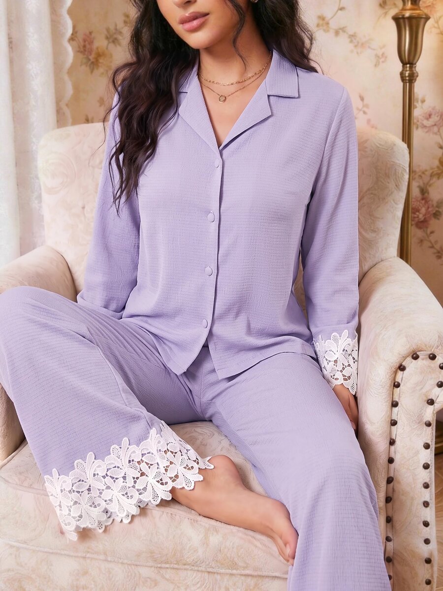 Modelyn Southern France Mature Elegant Bubble Wrinkle Cardigan Women Pajama Set - Purple - View 1