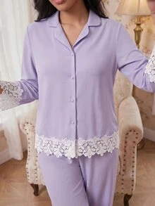 Modelyn Southern France Mature Elegant Bubble Wrinkle Cardigan Women Pajama Set - Purple - View 3