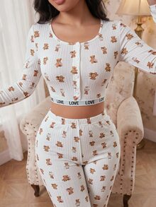 Modelyn Women's Slim Fit Bear Print Crew Neck Long Sleeve Pajama Set - White - View 2