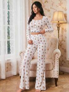 Modelyn Women's Slim Fit Bear Print Crew Neck Long Sleeve Pajama Set - White - View 8