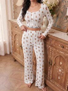 Modelyn Women's Slim Fit Bear Print Crew Neck Long Sleeve Pajama Set - White - View 4