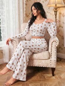 Modelyn Women's Slim Fit Bear Print Crew Neck Long Sleeve Pajama Set - White - View 3