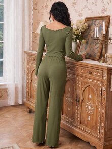 Modelyn 交叉领口荷叶边上衣和裤子家居服套装，秋冬舒适优雅细节 - 軍綠色 - 查看 7
