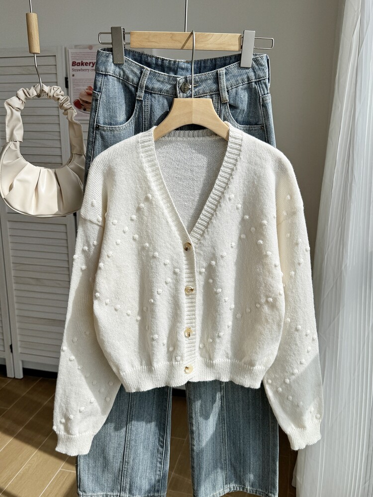 SHEIN Teen Girls' Cream White Cable Knit V-Neck Long Sleeve Cardigan Sweater, Suitable For Matching With Jackets, Jeans And Skirts Prom Formal Autumn Cute - Beige - View 1