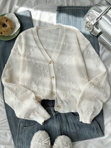 SHEIN 青少年女孩奶油白色麻花編織V領長袖開襟針織衫，適合搭配夾克、牛仔褲和裙子，適合舞會正式場合，秋季可愛風 - 米色 - 查看 6