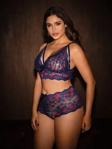 Bella Beso 2pcs Plus Size Lace Lingerie Set, Valentine's Day - Blue - View 4