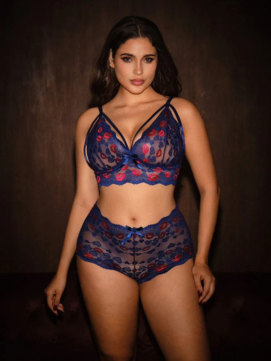 Bella Beso 2pcs Plus Size Lace Lingerie Set, Valentine's Day - Blue - View 1