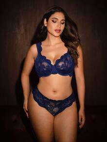 Bella Beso 2pcs/Set Plus Size Lace Sexy Bra And Panty Lingerie Set, Minimalist & Fashionable For Casual And Daily Wear, Lift - Navy Blue - View 5