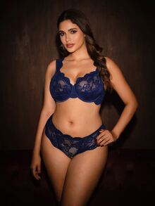 Bella Beso 2pcs/Set Plus Size Lace Sexy Bra And Panty Lingerie Set, Minimalist & Fashionable For Casual And Daily Wear, Lift - Navy Blue - View 3