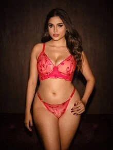 Bella Beso 优雅薄纱刺绣聚拢文胸内裤套装，大码设计，提拉 - 紅色 - 查看 3