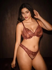 Bella Beso 1 套女士加大码纯色蕾丝钢圈舒适文胸套装，提升 - 紅木色 - 查看 5