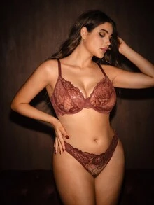 Bella Beso 1 套女士加大码纯色蕾丝钢圈舒适文胸套装，提升 - 紅木色 - 查看 6