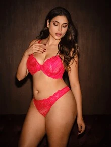 Bella Beso 1 套女士加大码纯色蕾丝钢圈舒适文胸套装，提升 - 紅色 - 查看 3