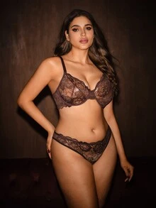 Bella Beso 1 套女士纯色蕾丝钢圈加大码文胸套装，提升型 - 巧克力棕 - 查看 5